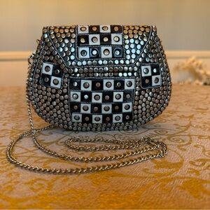 Ramla Silver and Black Stud-Embellished Metal Clutch/Crossbody Bag